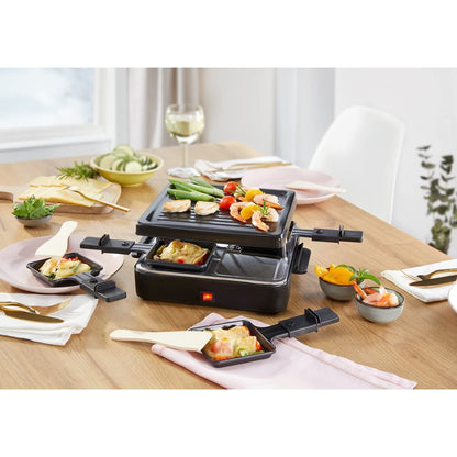 Corona 45081 Raclette for 4 people, small and square. Non-stick grill plate with 4 pans and 4 wooden spatulas. 600 watts.