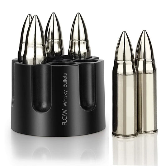Flow XL Whiskey Bullets with Ammo Holder Stainless Steel Whiskey Stones Reusable Metal Ice Cube Tray Gift for Men Whiskey Accessories Silver