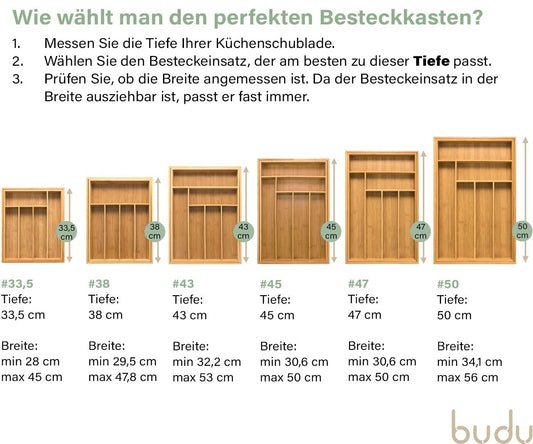 Budu cutlery tray #33.5 (depth 33.5cm) made of bamboo - Drawer organization system for the kitchen - Cutlery tray for drawers made of bamboo - Expandable - Kitchen drawer organizer - Kitchen organizer