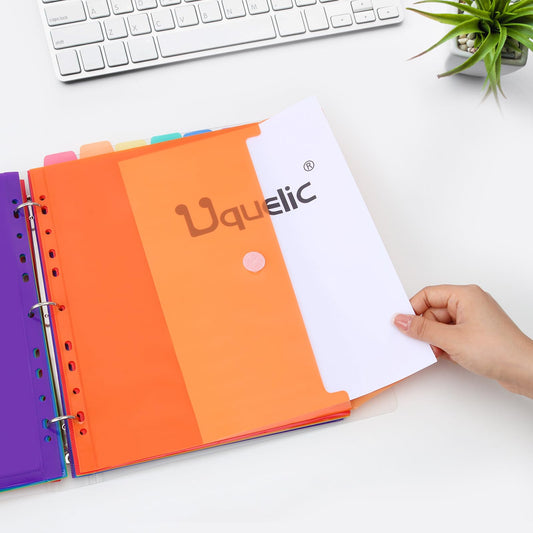 Uquelic A4 document folder for filing, A4 slim ring binder with 12 plastic document pockets (6 colors), Waterproof folder organizer - Transparent