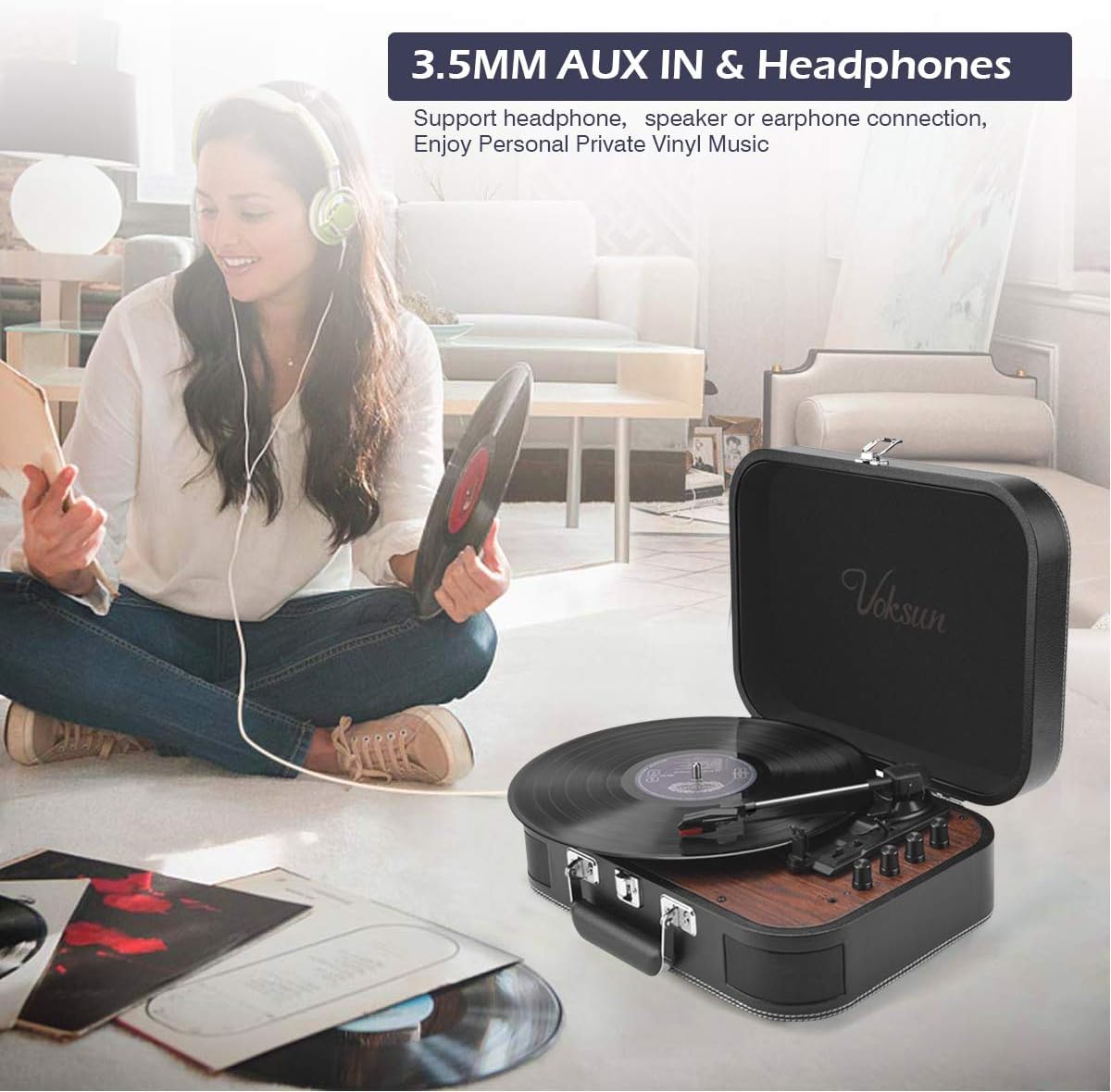 VOKSUN Turntable, portable Bluetooth vinyl record player with integrated stereo speakers, supports vinyl to MP3 recordings (UK, will need a plug adapter from UK to EU)