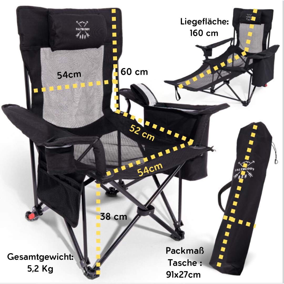 Faltbuddy® camping chair foldable & lounger collapsible 2in1 180kg black [XXL cooler bag] folding chair I collapsible chair I fishing chair camping lounger beach lounger foldable lightweight - angler beach festival outdoor