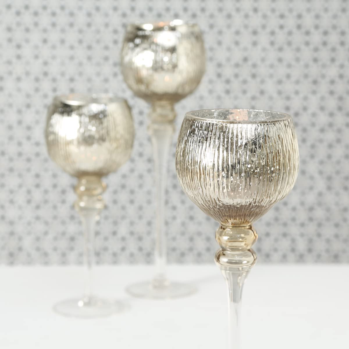 Boltze lantern set Manou 3-piece (gold, decorative glass for candles / Christmas decoration, candle holders heights 30 cm / 40 cm / 35 cm, round shape, straight pattern) 1005603