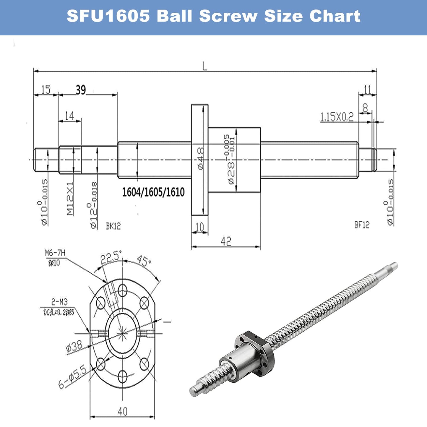 CNCMAN's ball screw SFU1605 1000mm stainless steel Rolled ball screw with BK12/BF12 end support, coupling, and DSG16H nut housing CNC parts for machinery and automated equipment.
