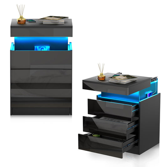 Lvhcmfohm Nightstand Black 2-Piece Set, Bedside Table with LED Light and Outlet, Nightstand with 3 Drawers and Hidden Sliding Cabinets for Living Room, Bedroom (45x40x67cm)