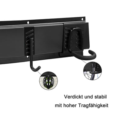 Mimoke bike wall mount adjustable for vertical storage of e-bikes, mountain bikes, and road bikes. Holds 6 bikes and helmets.
