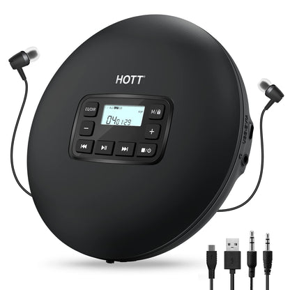HOTT CD204 Portable CD Player, Walkman Compact Player, portable CD player, MP3 player, with anti-shock headphones, for audiobooks, music, checkers for kids and adults (black)