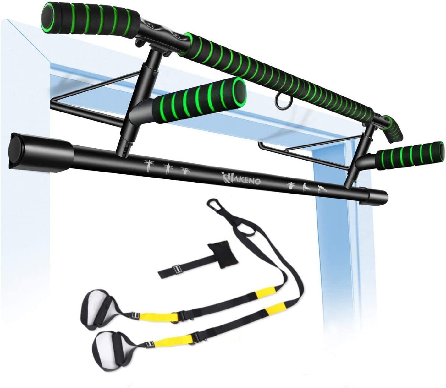 Pull-up bar for door frame - Heavy-duty pull-up bar [up to 200 KG] - Includes suspension trainer Professional training belt set - Fitness equipment for home Secure attachment without drilling.