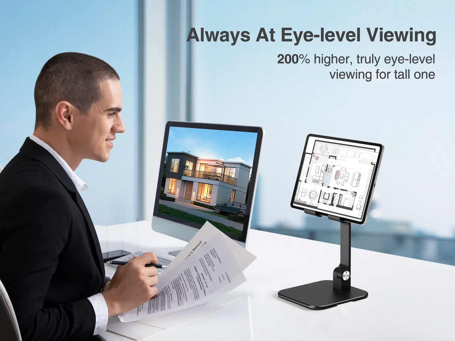 Elitehood Adjustable Aluminum iPad Stand, Adjustable Tablet Holder for Table, Foldable Tablet Stand for iPad Pro 12.9, Air, Mini, Galaxy Tab up to 4-1 Inch - Black