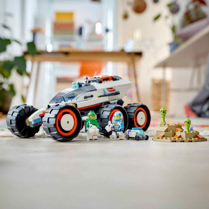 LEGO City Space Rover with Aliens, Car set with robot and alien toy figures, birthday gift for boys and girls ages 6+, includes 2 minifigures and planet backdrop 60431