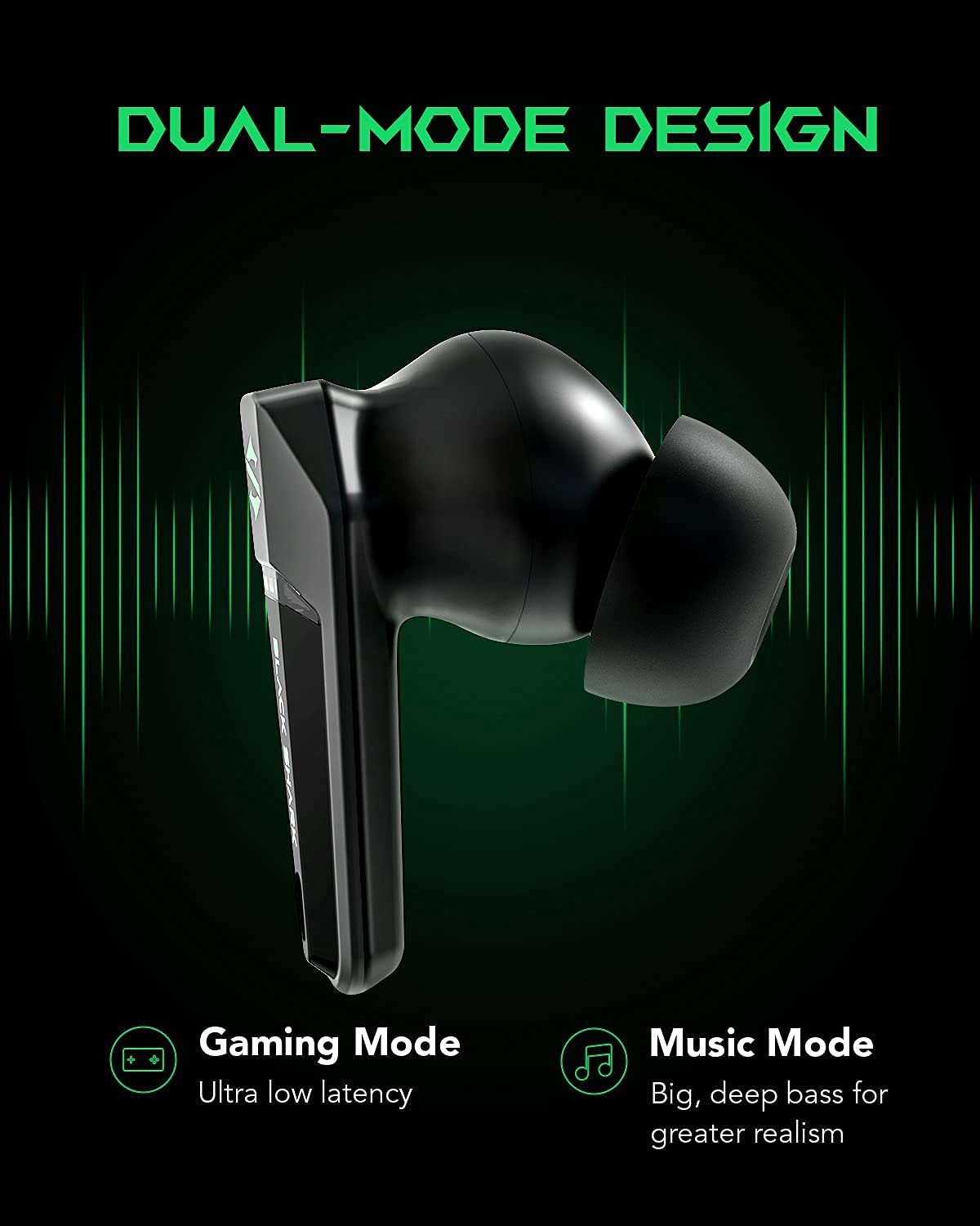 Black Shark wireless Bluetooth headphones with ultra-low latency of 55 ms, Bluetooth 5.2 gaming earbuds with dual modes, 10mm drivers, 35h playtime, IPX4 waterproof, 4 microphones.