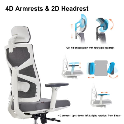 HOLLUDLE ergonomic office chair with adaptive backrest, desk chair with 4D armrests, adjustable seat depth, lumbar support, and 2D headrest, breathable mesh executive chair, White