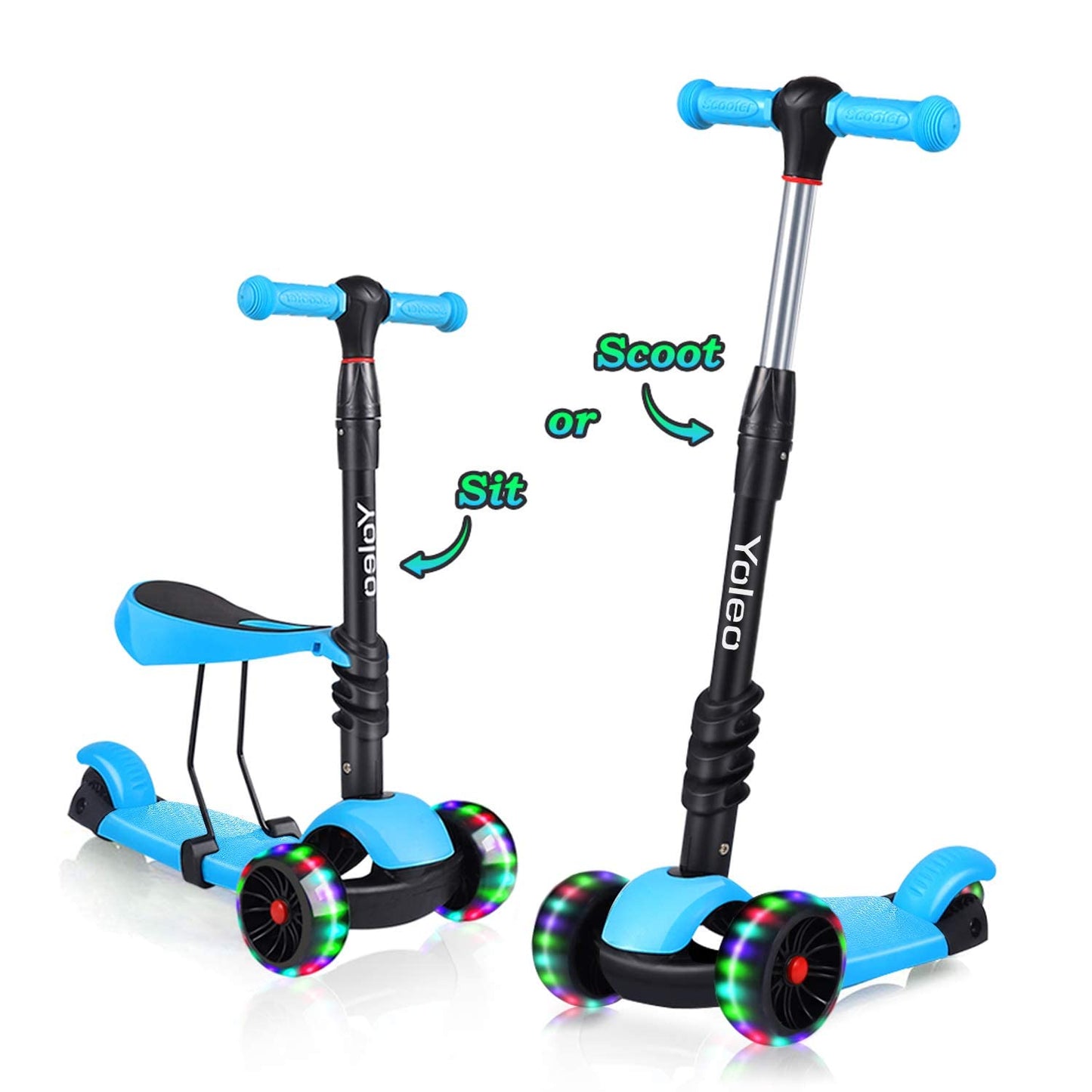 YOLEO 3-in-1 Kids Scooter with Removable Seat, LED Big Wheels, Adjustable Handlebar for Toddlers Boys Girls from 2 Years (Blue)