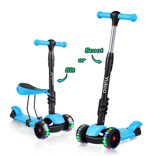 YOLEO 3-in-1 Kids Scooter with Removable Seat, LED Big Wheels, Adjustable Handlebar for Toddlers Boys Girls from 2 Years (Blue)