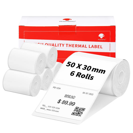 6 rolls of Phomemo M120/M110 labels, 1.96"x 1.18" (50 x 30 mm) thermal label paper for Phomemo M120/M110/M200/M220 label printers, white thermal label paper for barcode, address, price.