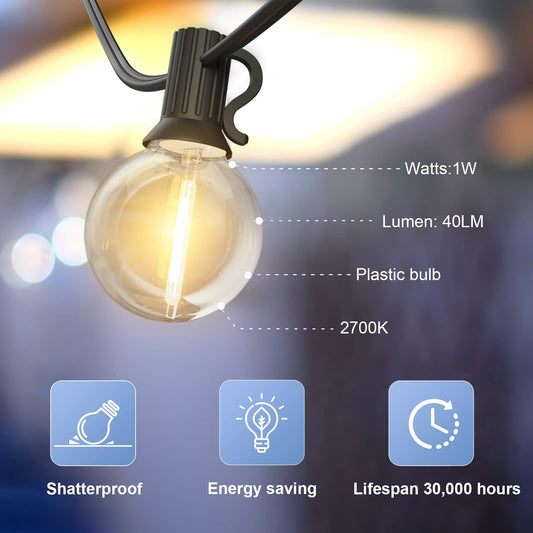 GLUROO 30M LED String Lights G40 Garland String Lights Outdoor Plug-in, Plastic Bulbs Waterproof IP45 with 1W 50+2 Bulbs for Garden, Porch, Backyard, Bistro, Party Decoration