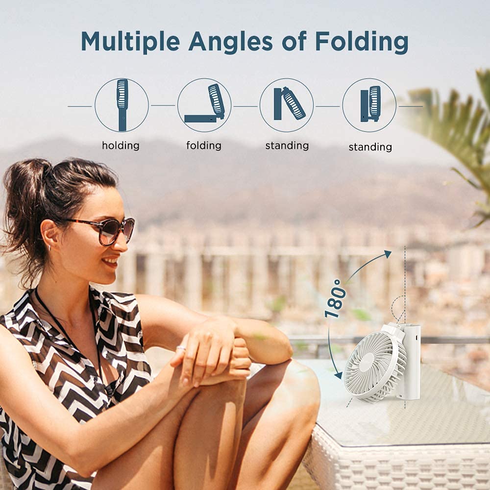 Funme handheld fan battery powerful wind small quiet fan one-touch off/washable/low power display USB fan 4 levels portable personal foldable desk fan for on-the-go