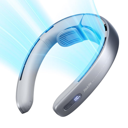 JISULIFE Portable Neck Fan Pro, 100 speeds, bladeless fan, portable, stepless button, LED display, rechargeable personal 5000 mAh - Gray