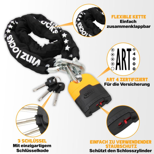 VINZ Makalu chain lock 300cm ø11mm | ART 4 certified | Motorcycle lock Moped lock Scooter & E-scooter | Motorcycle chain lock & armored lock | 120-300 cm (300 cm)