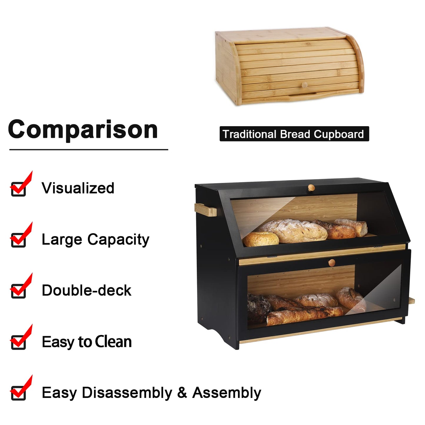 Leader Accessories Bamboo Bread Box 2-Layer Bread Bin with Bread Cutting Board food safe Bread Storage easy to clean 50x25x37cm Black
