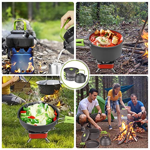 AUTOPkio Camping Cookware Set, 14-Piece Camping Pots Outdoor Cooking Pot with 0.8L Teapot 2 Cups Foldable Utensils Aluminum Picnic Pot for 2-3 People Hiking BBQ (Set with Cups)