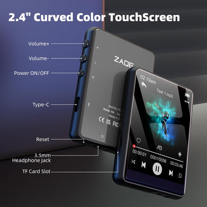 64GB MP3 Player Bluetooth 5.3 2.4" Full Touchscreen Portable MP3 Player with Speaker, Voice Recording, FM Radio, Line Recording Support 128GB Kids Mp3 Player (Black)