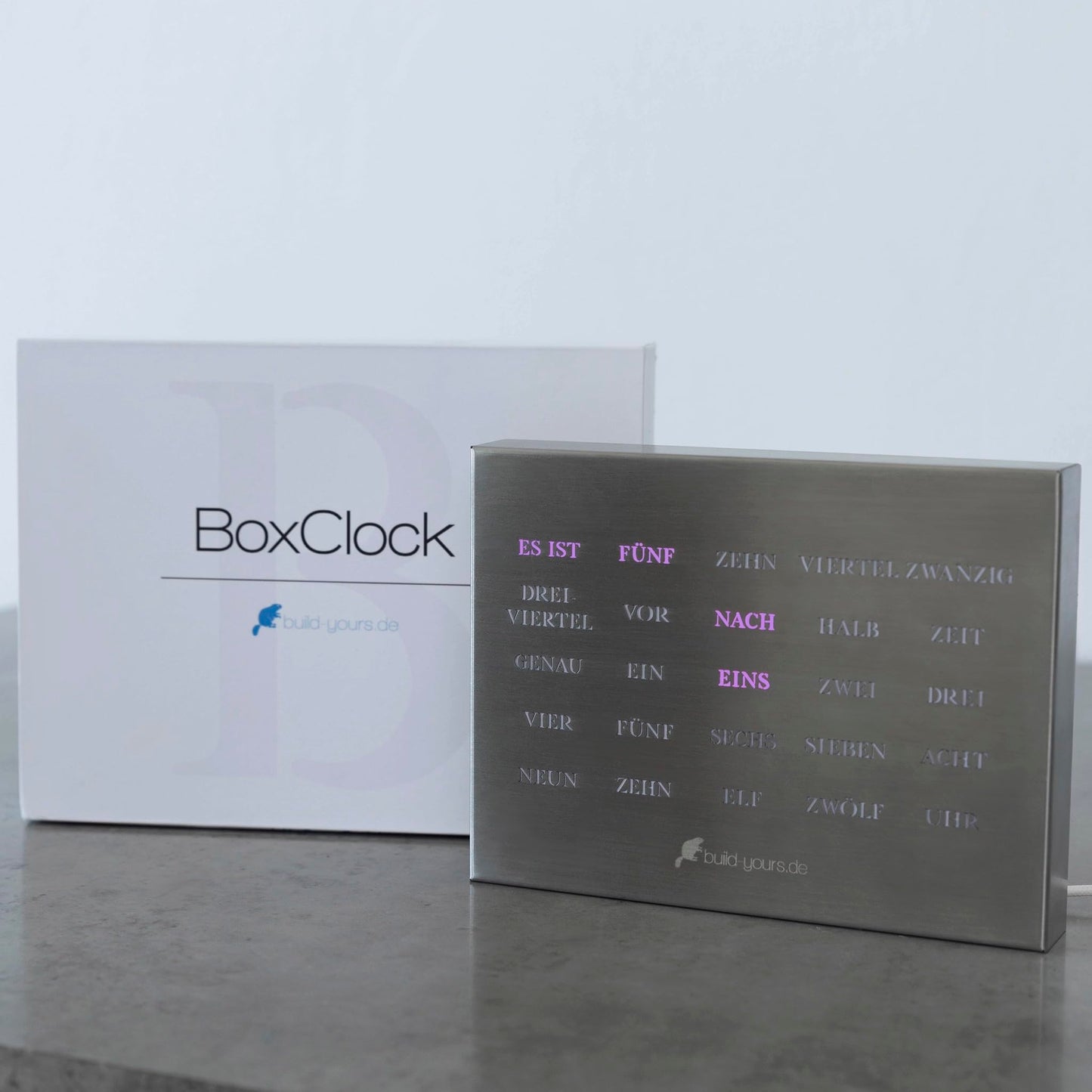 build-your-own BoxClock Stainless Steel - The word clock for your desk - LED desk clock - Elegant office clock made of brushed stainless steel