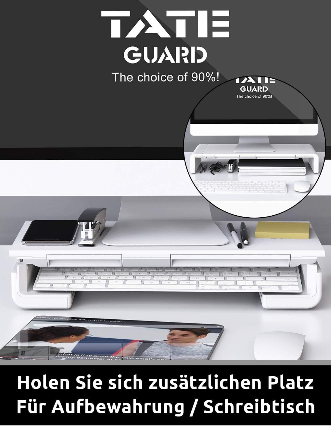 TATEGUARD Foldable Monitor Stand Riser Computer Monitor Stand with Adjustable Width compatible with iMac Printer Laptop with Storage Drawer Tablet & Phone Stand Holder White