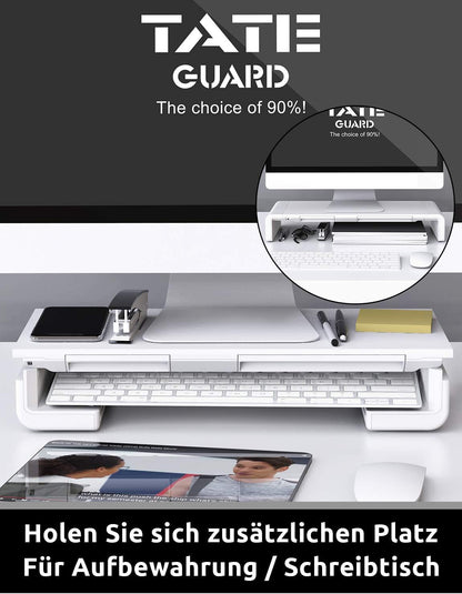 TATEGUARD Foldable Monitor Stand Riser Computer Monitor Stand with Adjustable Width compatible with iMac Printer Laptop with Storage Drawer Tablet & Phone Stand Holder White