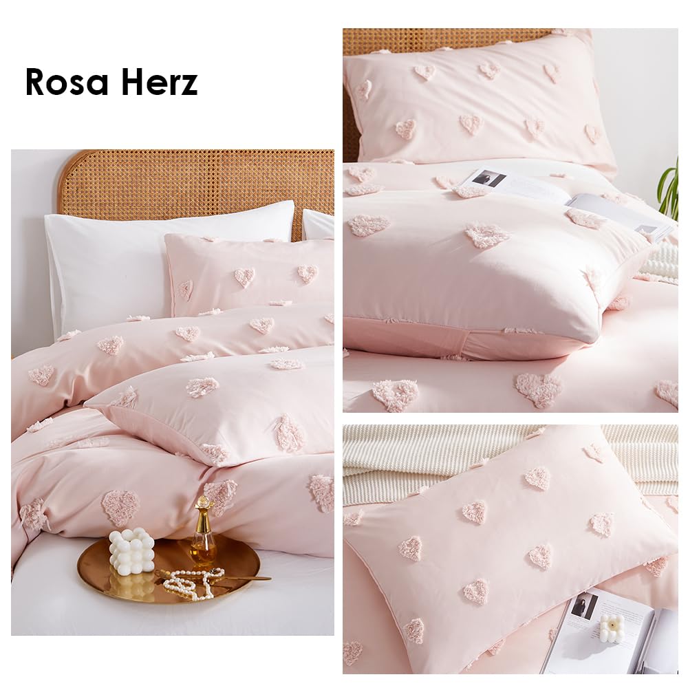 Freyamy Bohemian bedding set 135x200cm 2-piece Pink Tufted Heart Boho bedding Embroidery Shabby Chic bedding sets Microfiber Soft duvet cover with zipper and pillowcase 80x80cm