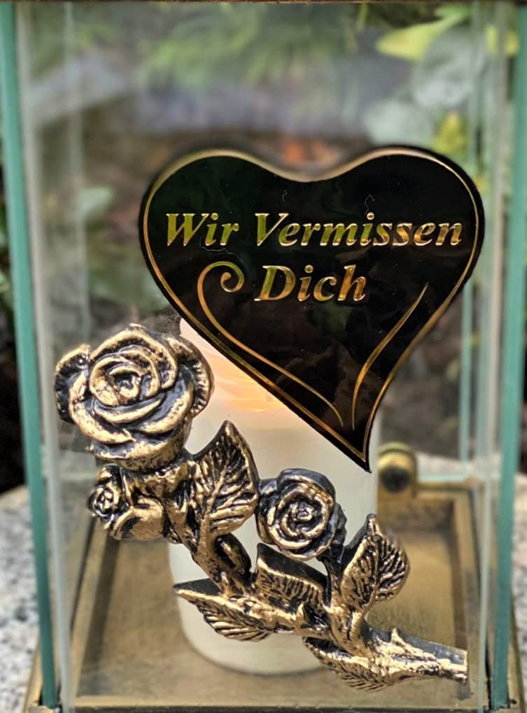 Garden Paradise Handmade Grave Lamp with Door - New model with inscription 'We miss you' Grave light candle Grave decoration Grave ornament 24 cm H. incl. grave candle, Black Gold
