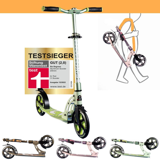Six Degrees aluminum scooter with folding mechanism and stand, 205 mm, height adjustable, GS tested Lime Dream, TEST WINNER