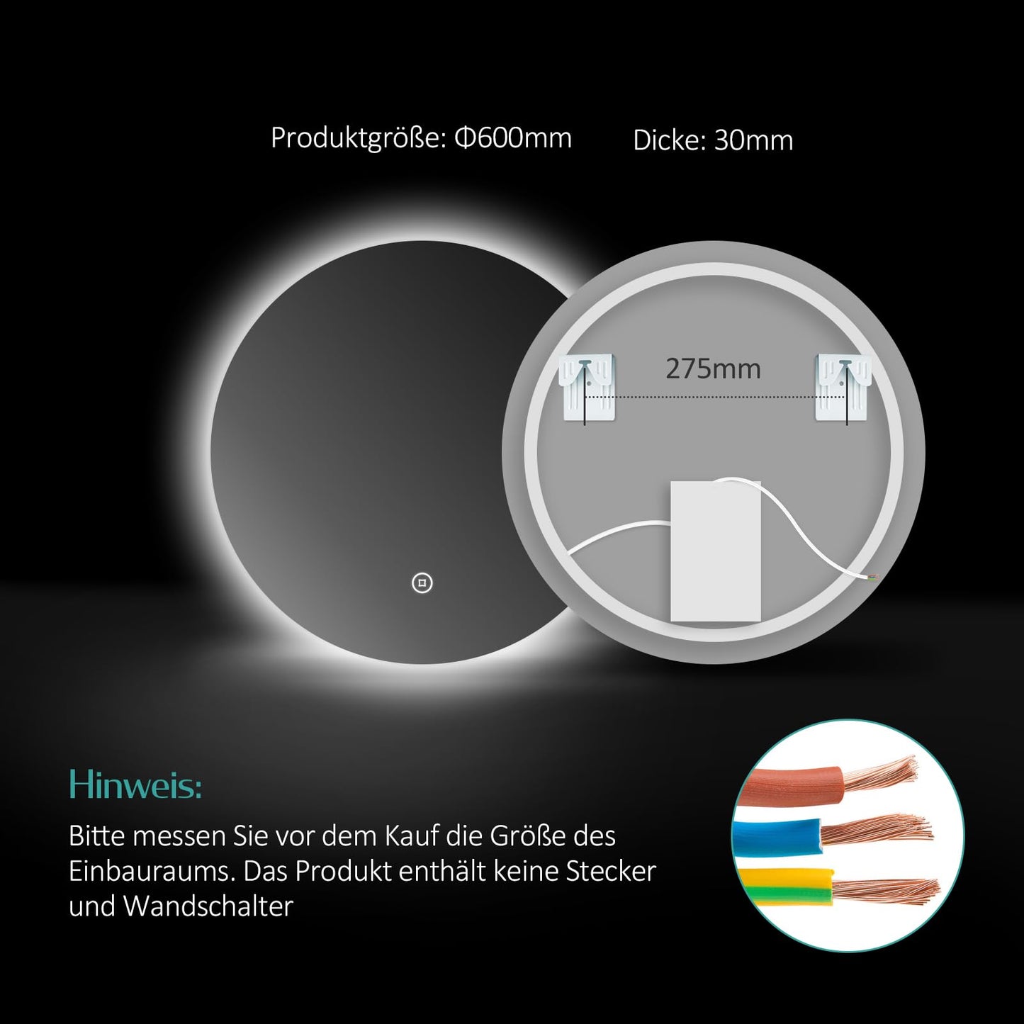 EMKE LED Bathroom Mirror with Lighting, 60cm diameter, dimmable cool white light 6500K, storage function, touch switch, energy-saving IP44 rated.