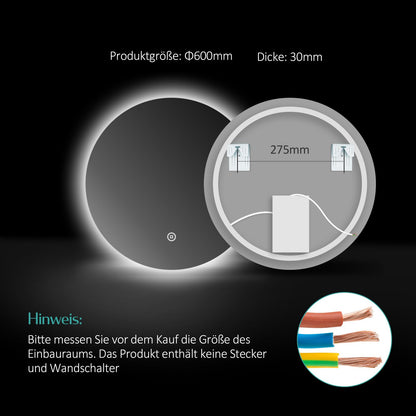 EMKE LED Bathroom Mirror with Lighting, 60cm diameter, dimmable cool white light 6500K, storage function, touch switch, energy-saving IP44 rated.