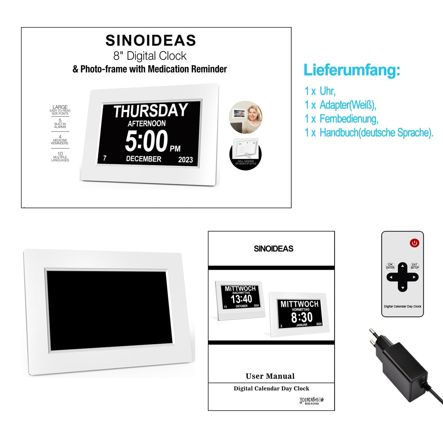 SINOIDEAS Digital Alarm Clock, Digital Calendar, Dementia Clock for Seniors with Customized Reminders (1-White, 8)