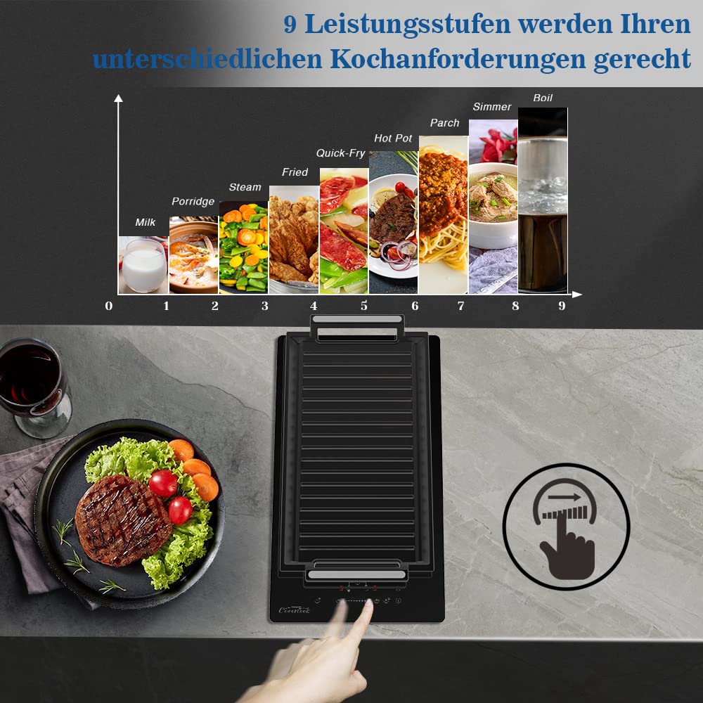 COVERCOOK 30cm induction hob with 2 cooking zones, built-in Domino induction hob with plug, flex zones, slidertouch control, power boost, 16A 2800W.