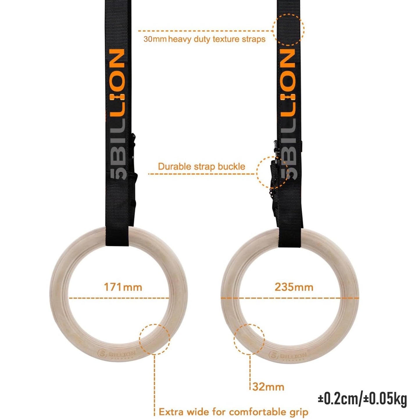 5BILLION Wooden Gymnastic Rings for Fitness Training with High-Strength Nylon Straps, Metal Quick Lock Buckles, Adjustable - 32mm