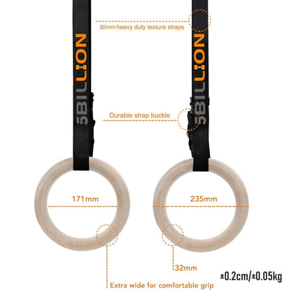 5BILLION Wooden Gymnastic Rings for Fitness Training with High-Strength Nylon Straps, Metal Quick Lock Buckles, Adjustable - 32mm