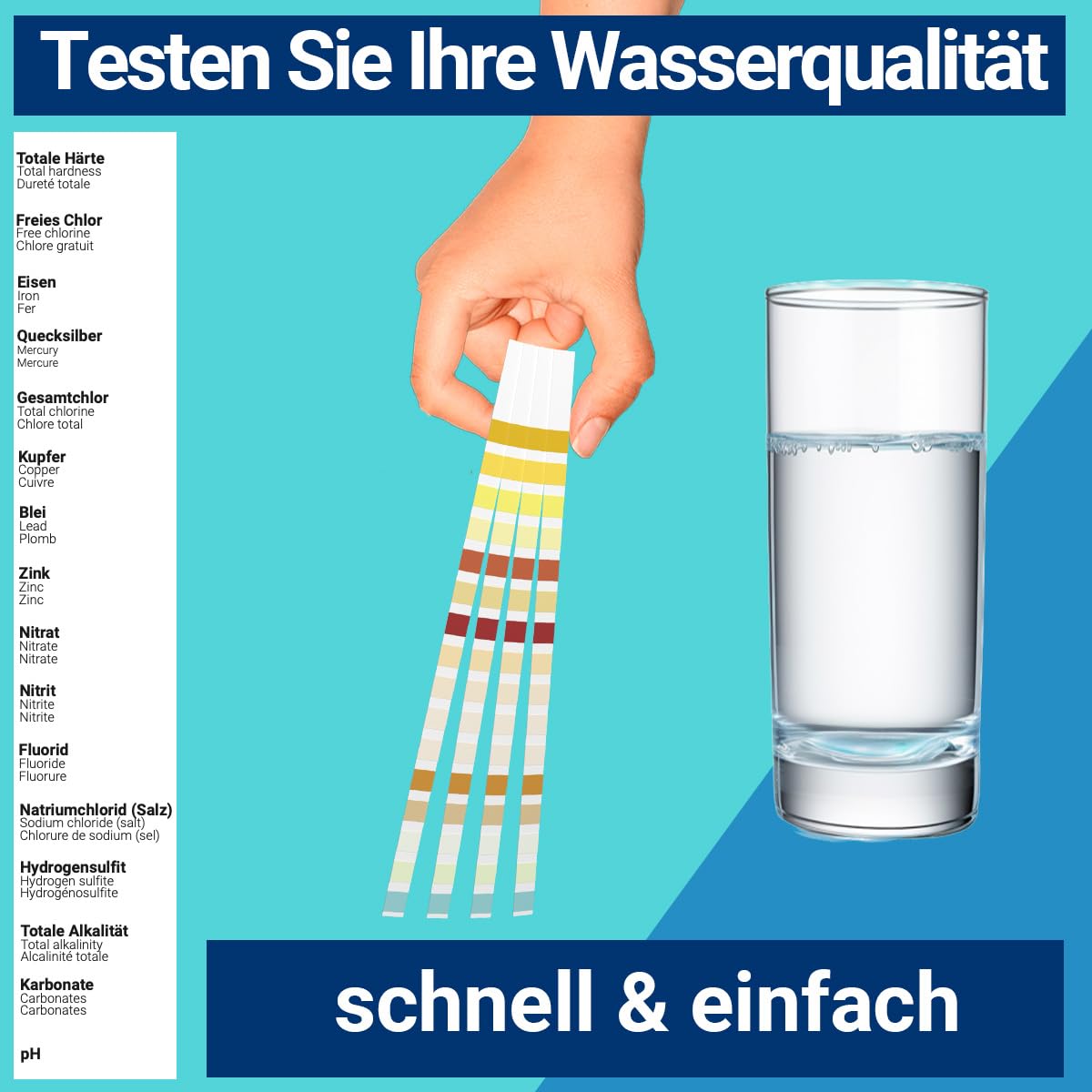 130x 16in1 drinking water test strips in tube | Water analysis for 16 parameters | Ideal water test strips for drinking water, pool, spa & aquarium | Tests water hardness, lead, copper, iron, and more.