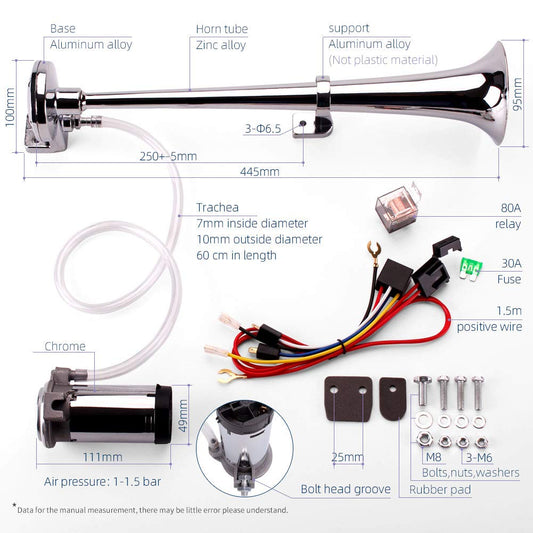 FARBIN 24V 150db Train Air Horn Super Loud 18 Inch Chrome Zinc Single Trumpet Truck Air Horn Kit with Compressor and Wiring Harness for All 24V Vehicles (24V, Single Tube Air Horn)