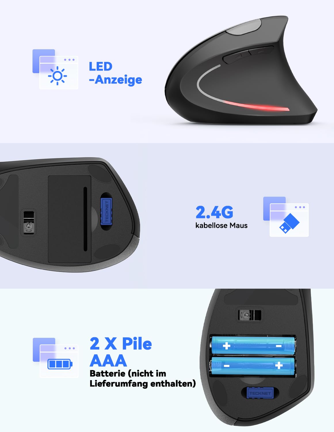 TECKNET Wireless Vertical Ergonomic Mouse, 4800 DPI 5 Button Wireless Optical Mouse, 2.4G USB Vertical Ergonomic Optical Mouse Wireless for Windows and Mac OS