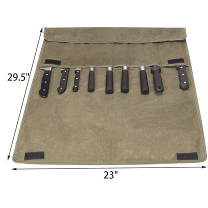 Kitchen knife storage bag, waxed canvas, utensil for knives, roll-up bag with 9 compartments, sheath for kitchen knives measuring up to 29 inches long.