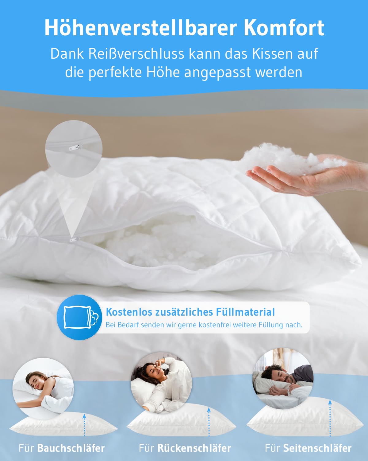 VERDA Pillow - Pillow 40x60 Made in Germany, 100% sustainable, Orthopedic Sleep Pillow 40 x 60 made from recycled fibers, adjustable height for stomach, back, side sleepers, suitable for allergy sufferers