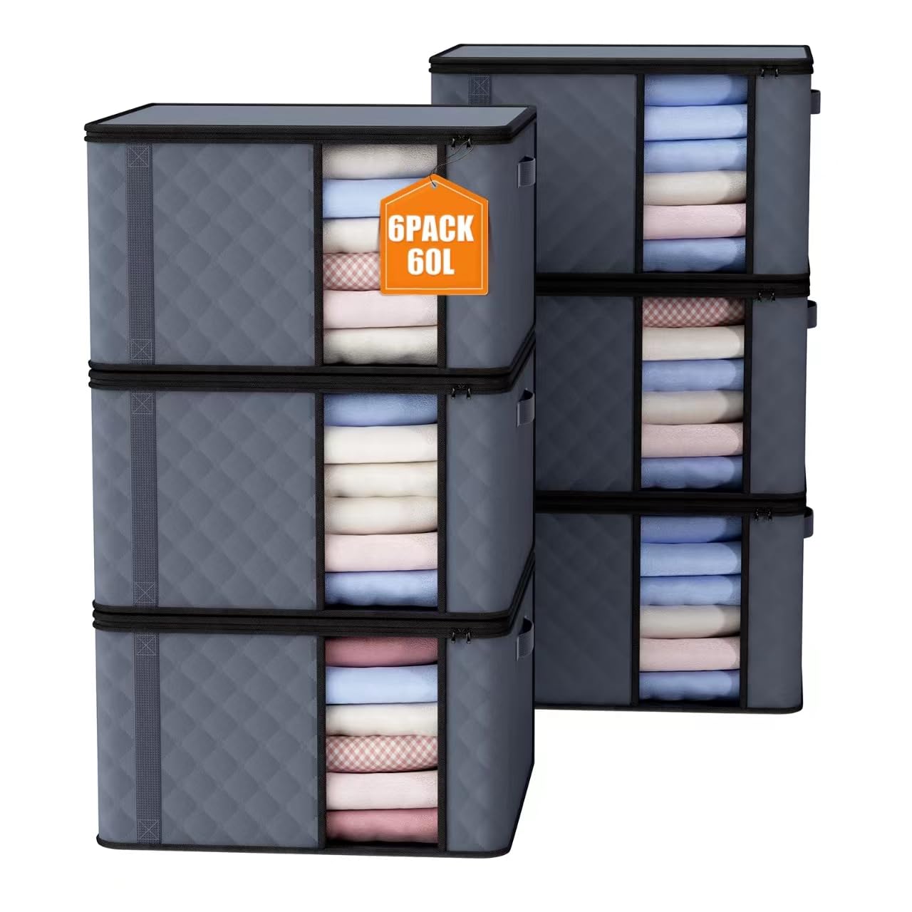 Auveir 6 Pieces 60L Storage Bag, Storage Box with Lid, Large Clothes Storage Moving Boxes, Foldable Storage Bins for Comforters Blankets Clothing Underbed Closet