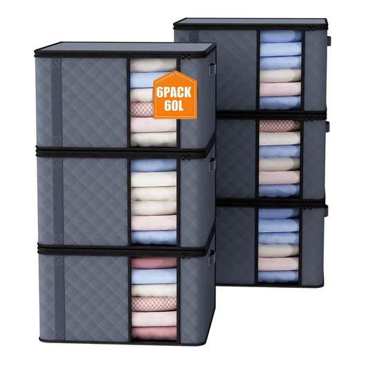 Auveir 6 Pieces 60L Storage Bag, Storage Box with Lid, Large Clothes Storage Moving Boxes, Foldable Storage Bins for Comforters Blankets Clothing Underbed Closet