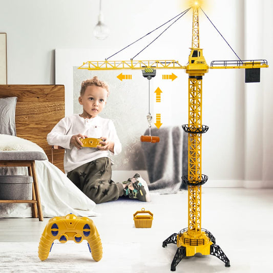 Mini Tudou 128 cm high 2.4 GHz remote-controlled tower crane, 6 channels radio control construction RC crane toy. 680 degree rotation, lift model with tower light and sounds for kids boys.