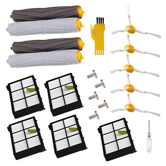 Spare parts for iRobot Roomba 800 900 Series 850 851 860 865 866 870 871 876 880 885 886 890 891 896 900 960 966 980 990. Includes 5 HEPA filters, 5 side brushes, 5 screws, and 4 extractor rollers.