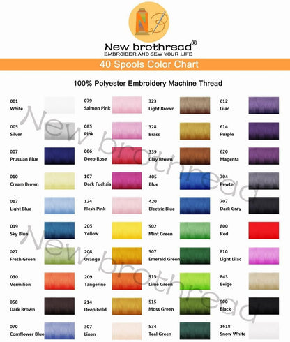 New brothread 40 Brother Colors Polyester Machine Embroidery Thread 500M (550Y) for Brother/Babylock/Janome/Singer/Kenmore Embroidery Machine