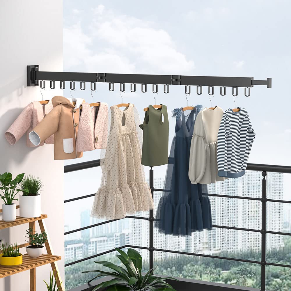Wall-mounted clothes rack, retractable garment rack with hooks, 360° swivel, triple foldable, clothes rack for balcony, laundry, bathroom (black)