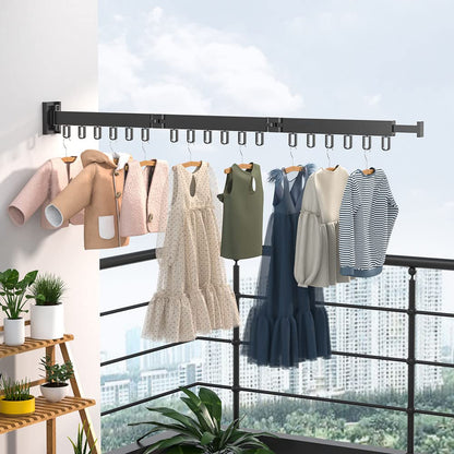 Wall-mounted clothes rack, retractable garment rack with hooks, 360° swivel, triple foldable, clothes rack for balcony, laundry, bathroom (black)